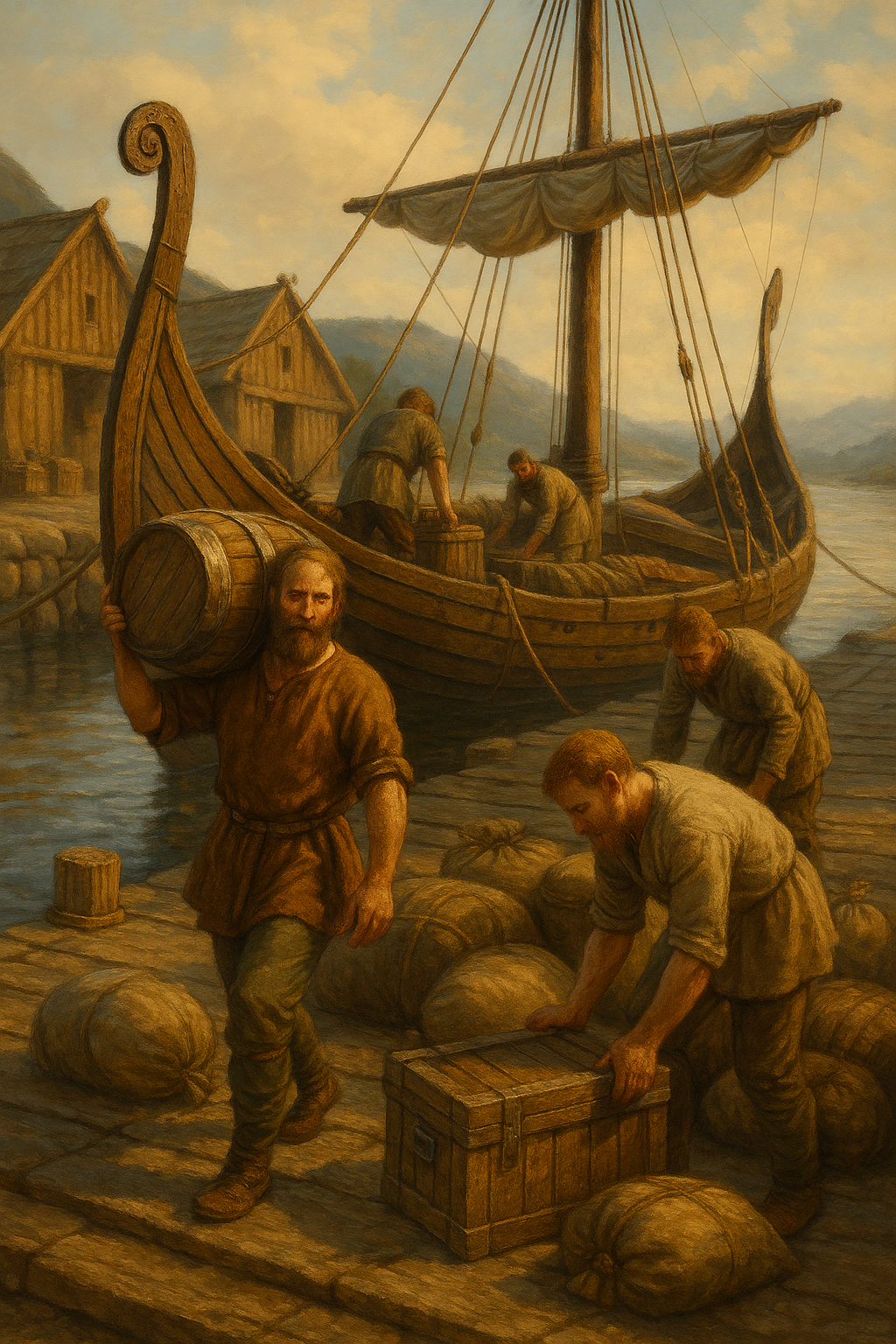 Wikinger beladen ein Handelsschiff