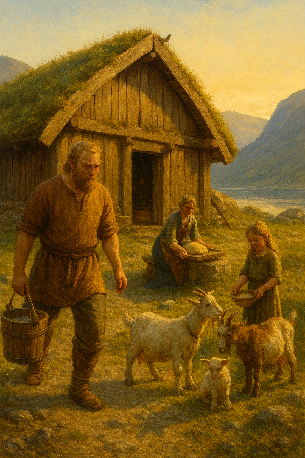 Wikinger-Langhaus am Fjord – Alltagsszene