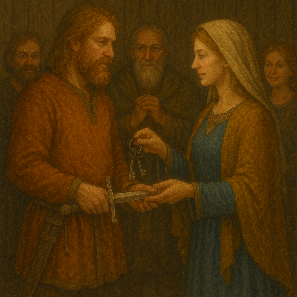 Wikingerhochzeit mit Übergabe von Schlüsselbund und Schwert