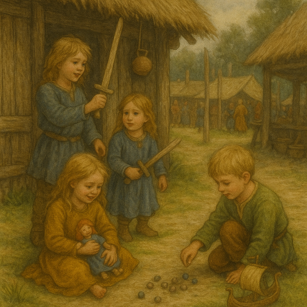 Wikingerkinder mit Spielzeug wie Holzschwertern, Puppen und Miniaturschiffen