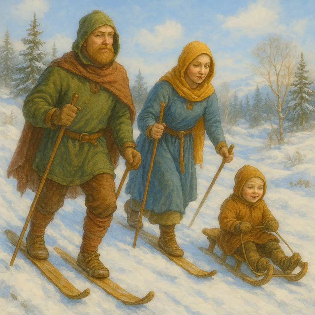 Wikinger beim Ski- und Schlittenfahren im Winter