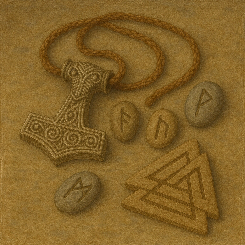 Stillleben mit Mjölnir, Runen und Valknut