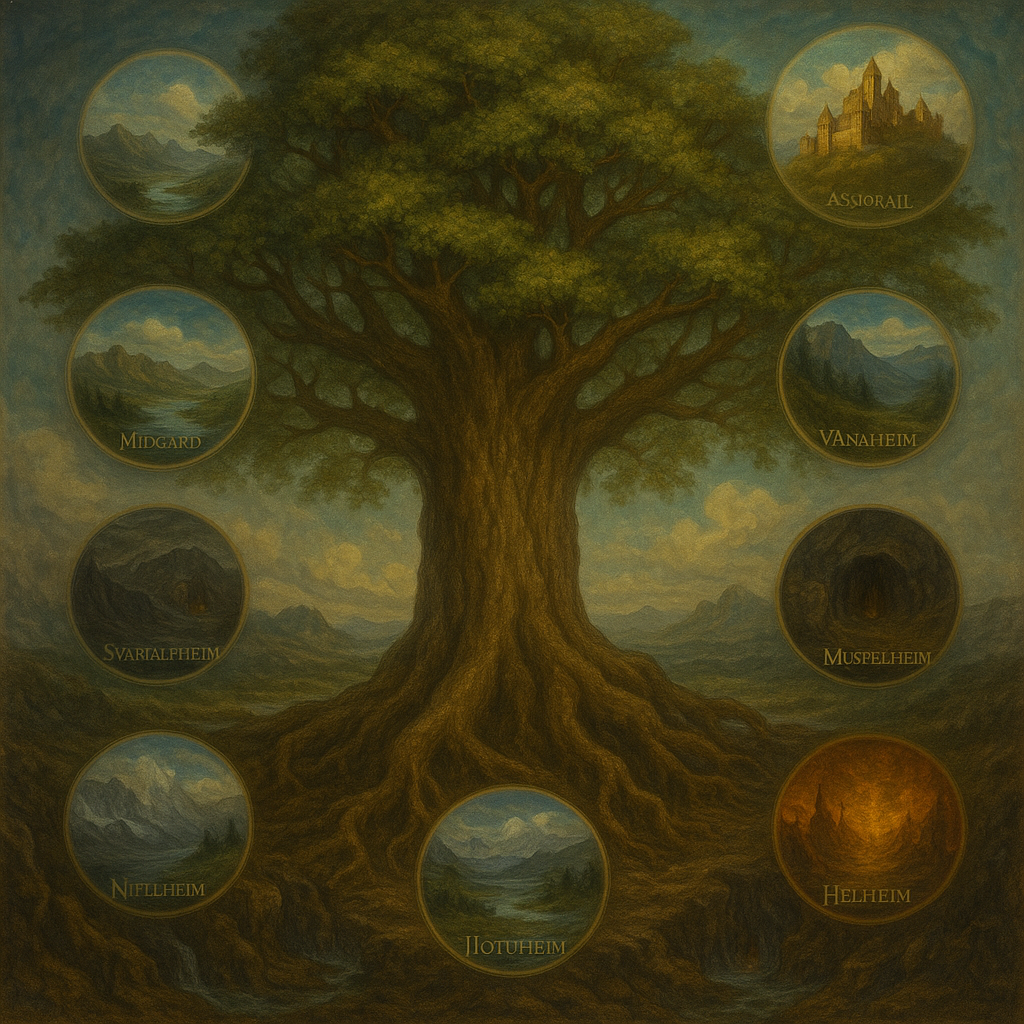 Darstellung der Weltesche Yggdrasil mit den neun Welten