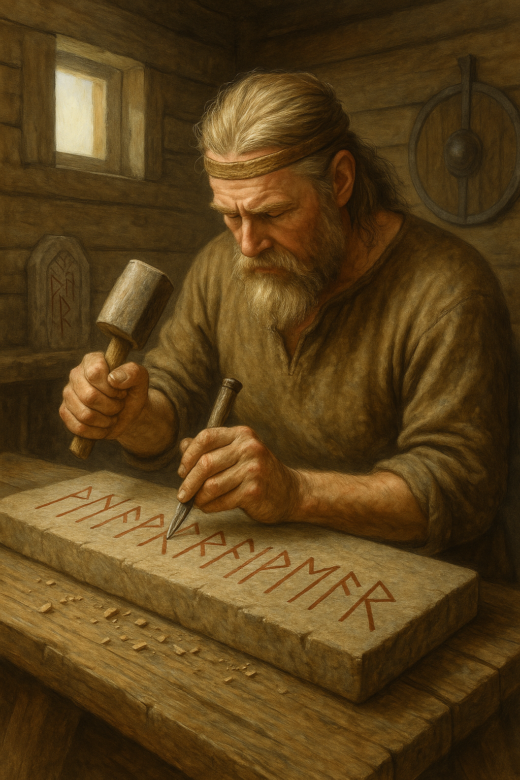 Runenmeister ritzt Zeichen des Jüngeren Futhark in Holz oder Stein