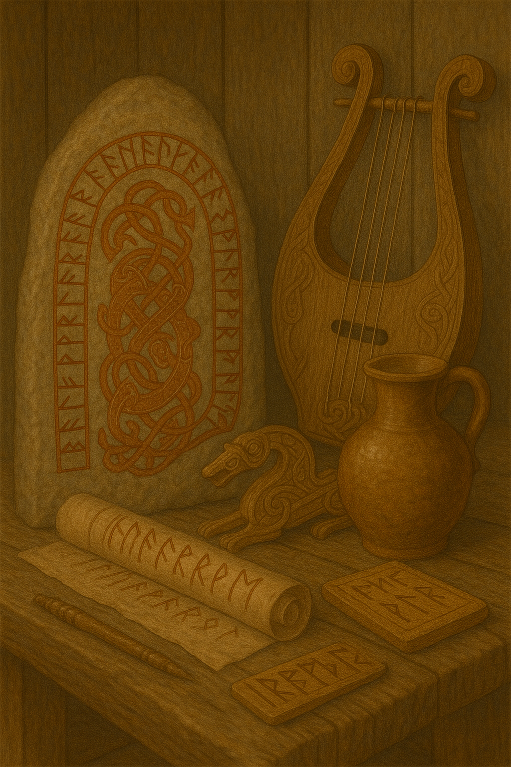 Stillleben mit Runenstab, Ornamenten, Schmuck und Werkzeugen