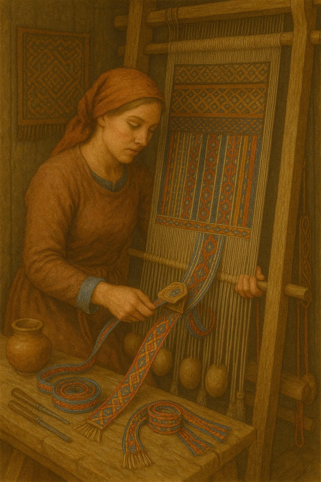 Wikinger beim Weben mit Brettchenborte und Mustern