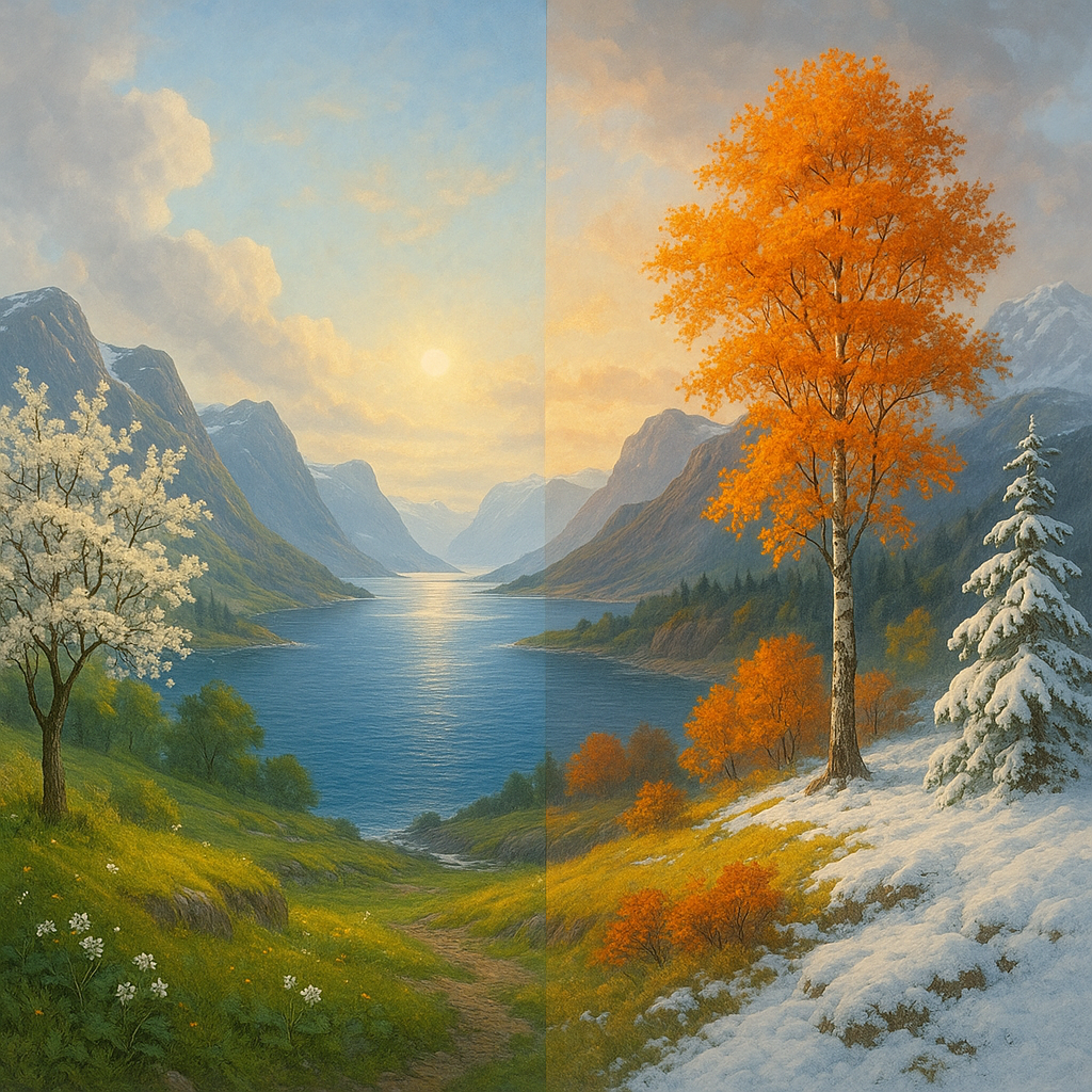 Wikingerhof im Wandel der Jahreszeiten mit Feldern und Fjordlandschaft