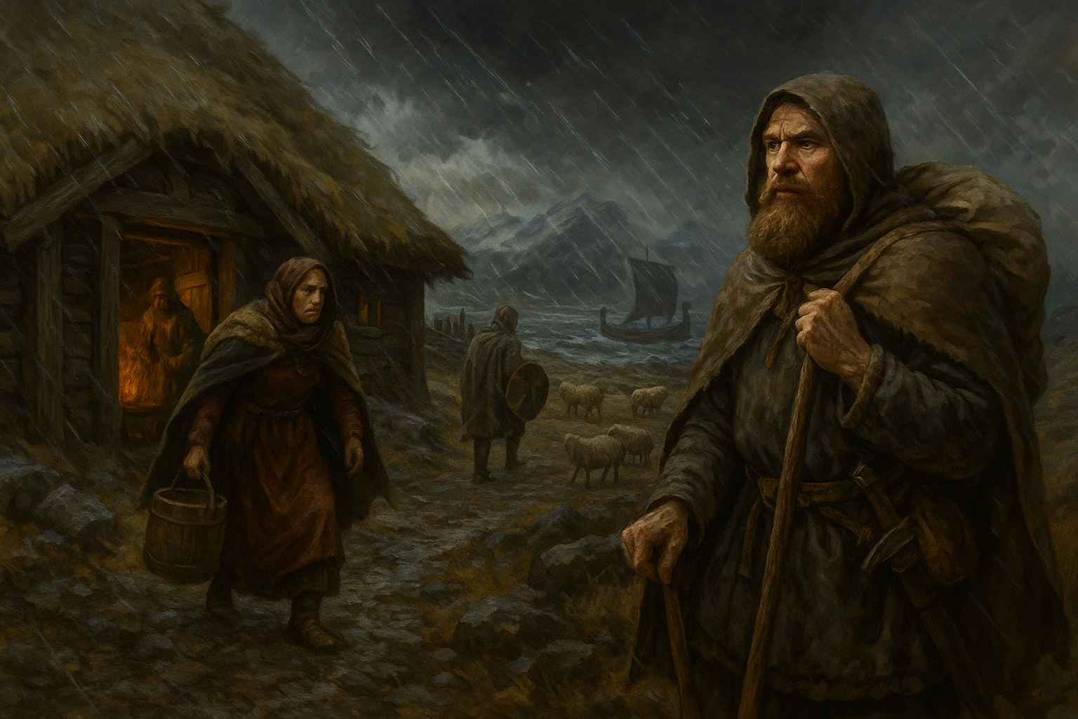 Wikingerhof im Sturm mit Regen, Wind und arbeitenden Menschen